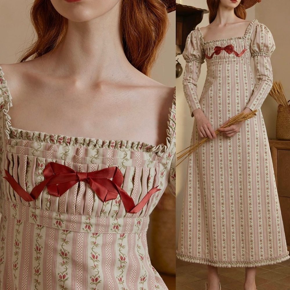 Red and Cream Ruched Ruffled Midi Sundress